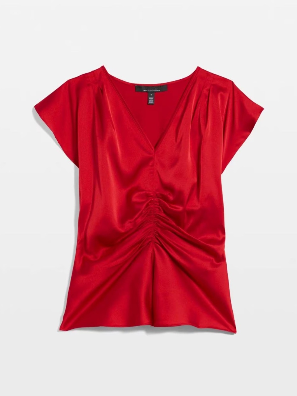 WHBM Ruched Front Satin Shell V-Neck Short Sleeve Blouse Top Red Size S NWT